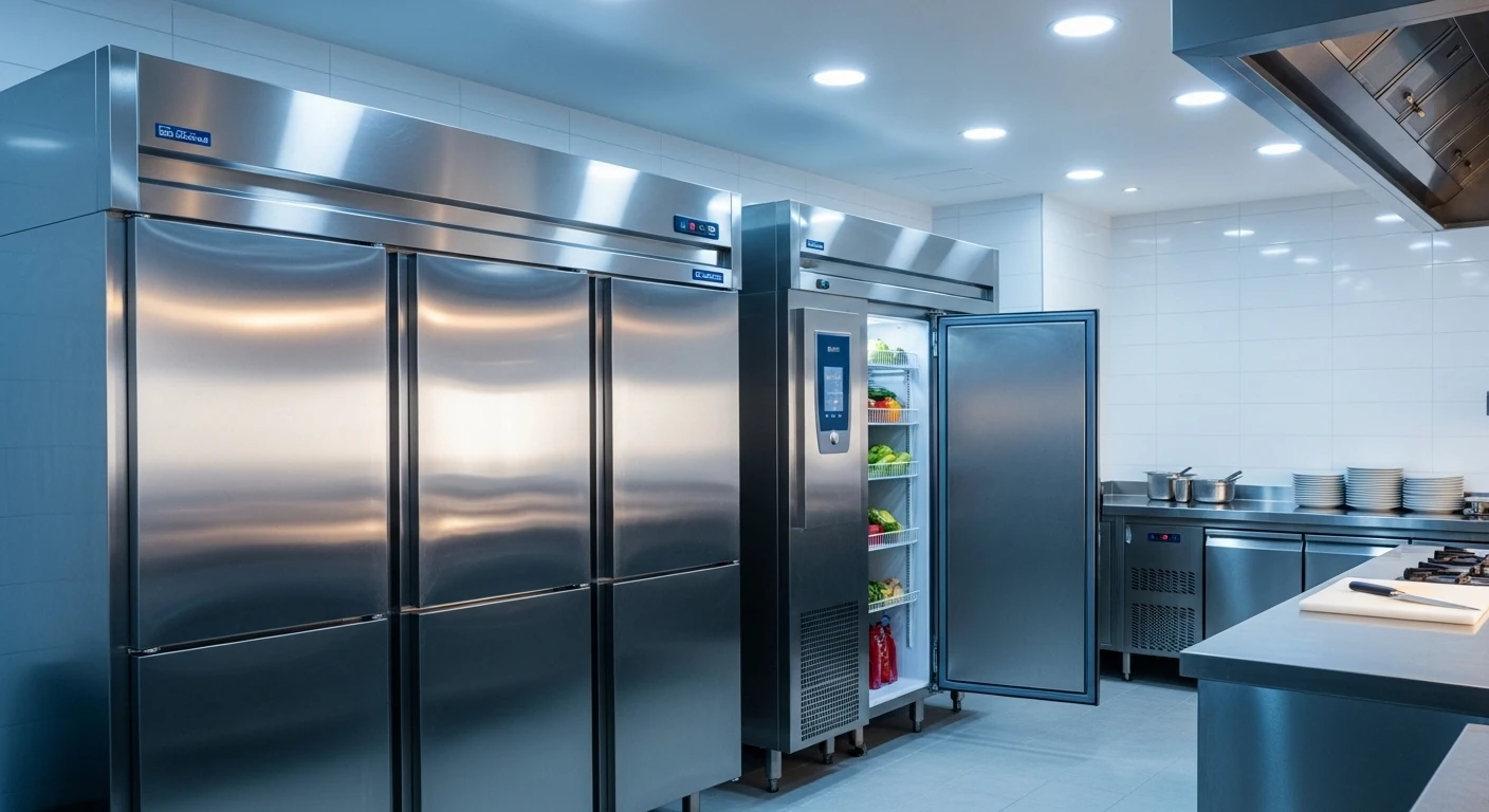 Commercial refrigeration units in professional kitchen