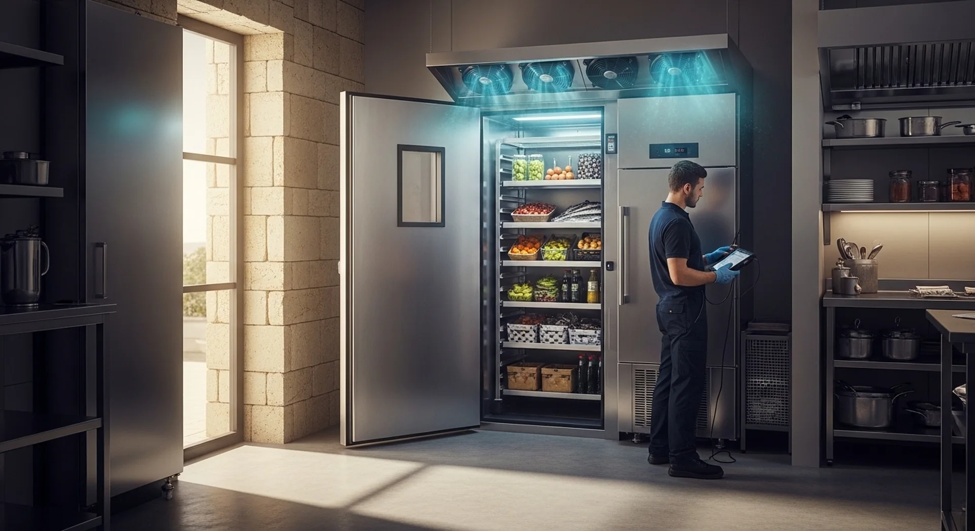 Commercial refrigeration technician inspecting cold room refrigerator in professional kitchen in Cyprus