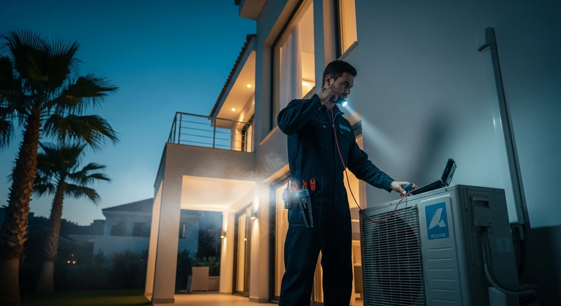 Technician performing emergency air conditioning repair outside a modern Cyprus villa at night